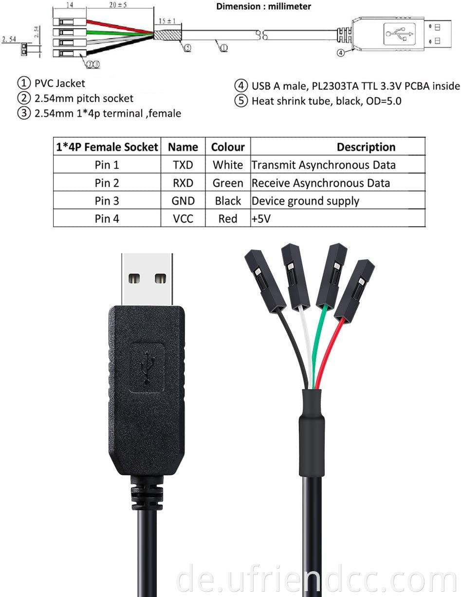 USB -zu TTL Serial 3,3V -Adapterkabel Tx Rx Signal 4 Pin 0,1 Zoll Pitch Weibliche Sockel PL2303 Produktiones Chip W10 8 7 XP